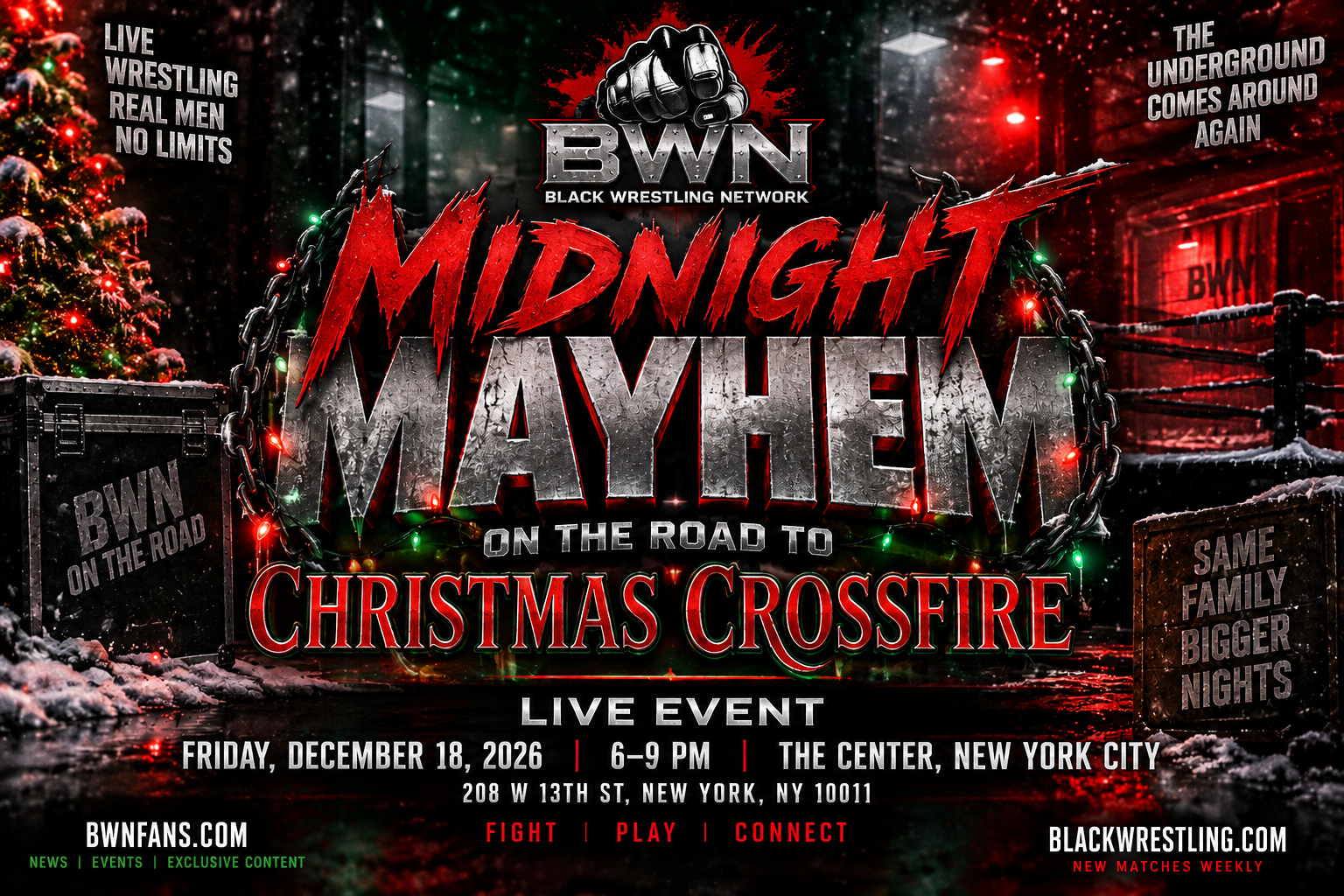 Midnight Mayhem: Road to Christmas Crossfire live event in New York City on December 18, 2026